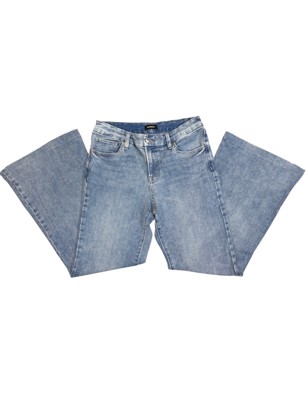 Express ’70s Flare Mid Rise Jeans M Short Light Wash Stretch Flare Denim
